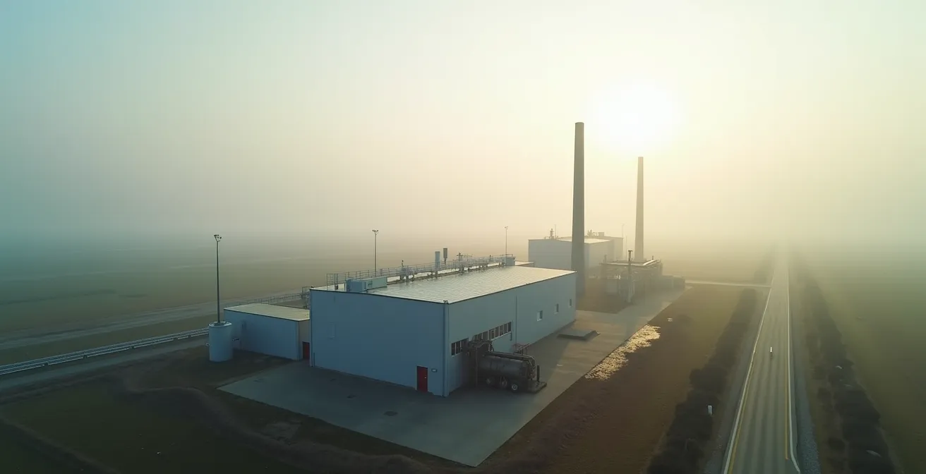 Vue d'ensemble d'un site industriel autonome en énergie avec citernes de propane