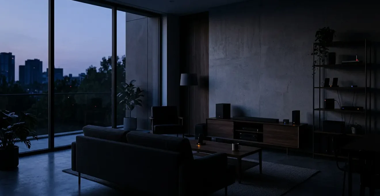 Salon moderne avec différents appareils électroniques en veille montrant leur consommation cachée