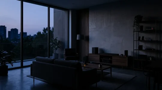 Salon moderne avec différents appareils électroniques en veille montrant leur consommation cachée