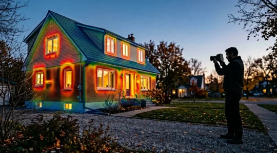 Analyse thermique d'une maison avec caméra infrarouge révélant les déperditions énergétiques