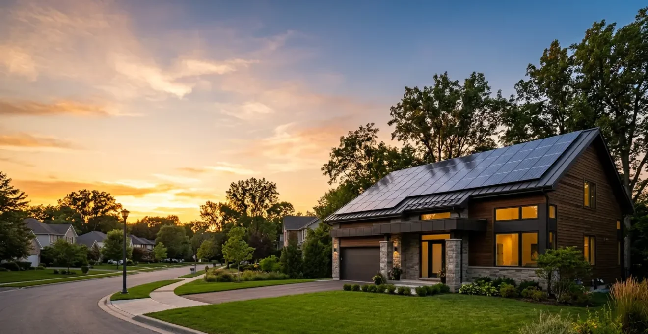 Maison moderne équipée de panneaux solaires et de système de stockage sur batterie au coucher du soleil