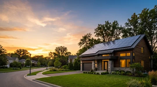Maison moderne équipée de panneaux solaires et de système de stockage sur batterie au coucher du soleil