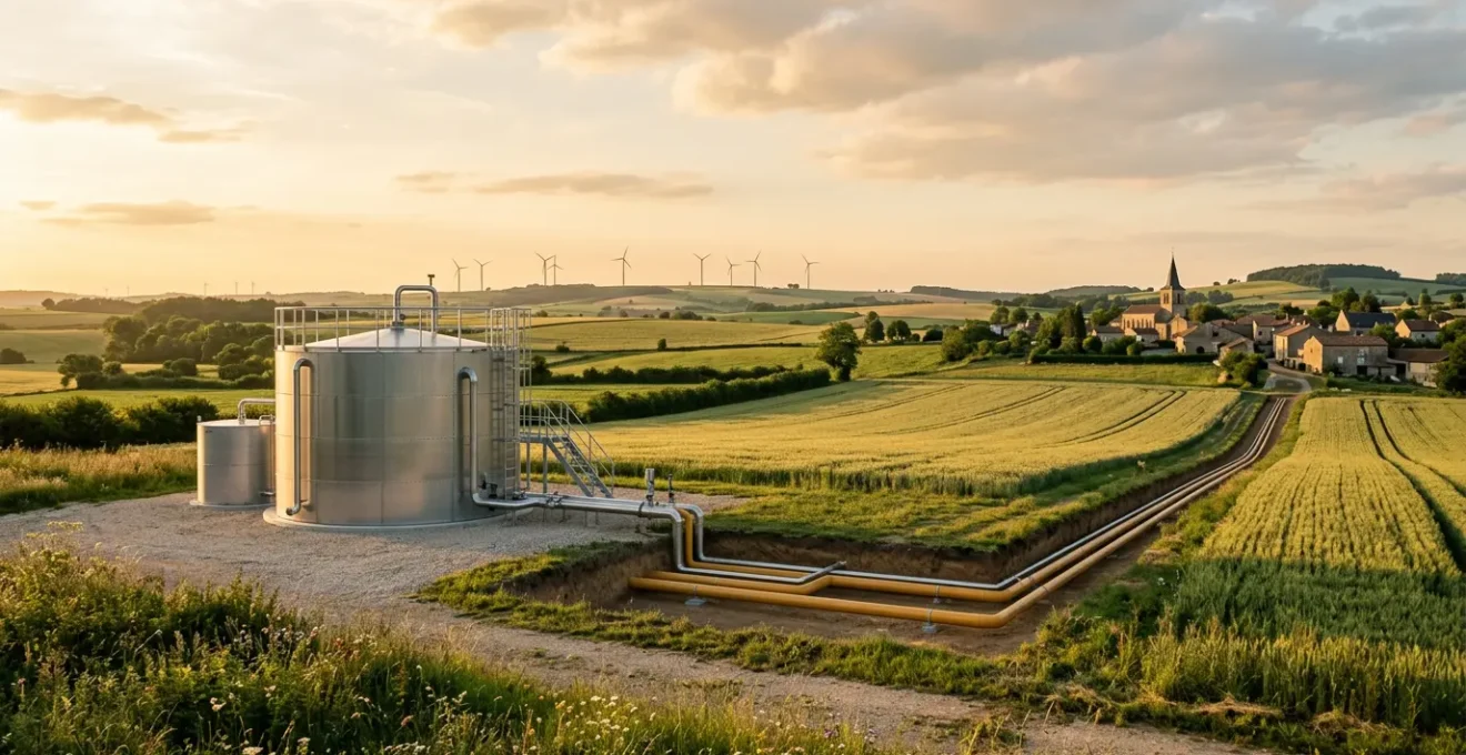 Infrastructure de méthanisation moderne intégrée dans un paysage rural avec réseau de distribution de gaz vert