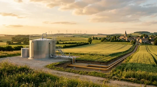 Infrastructure de méthanisation moderne intégrée dans un paysage rural avec réseau de distribution de gaz vert