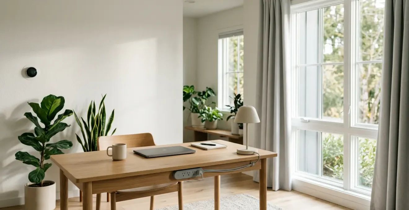 Bureau moderne à domicile avec éclairage naturel et équipements optimisés pour la sobriété énergétique