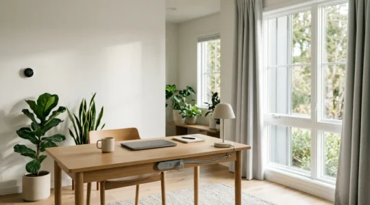 Bureau moderne à domicile avec éclairage naturel et équipements optimisés pour la sobriété énergétique