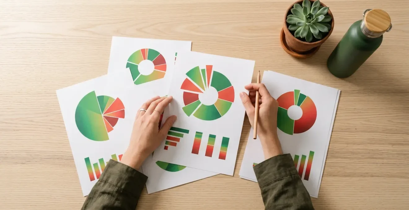 Vue aérienne d'une personne analysant des graphiques colorés représentant différents postes d'émission carbone sur une table en bois