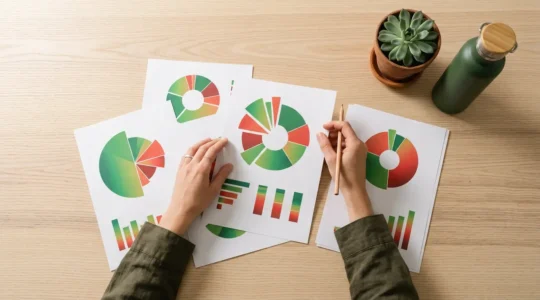 Vue aérienne d'une personne analysant des graphiques colorés représentant différents postes d'émission carbone sur une table en bois