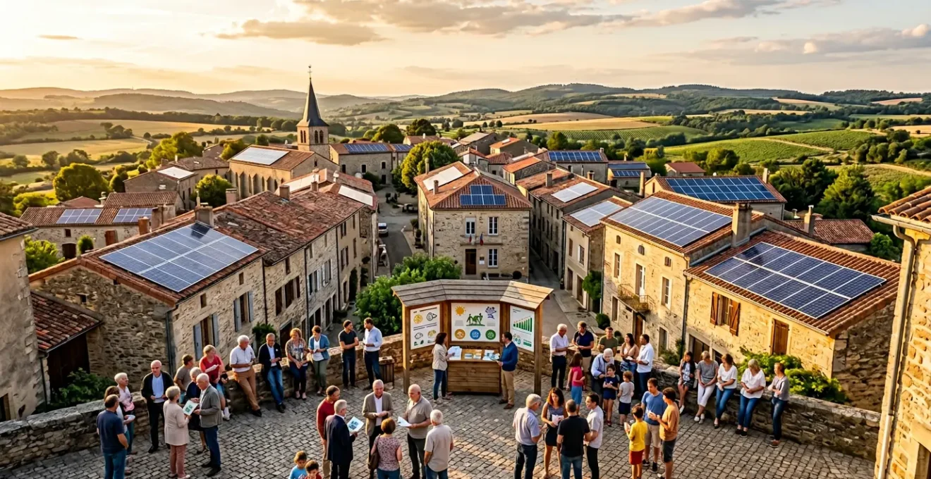 Vue aérienne d'une centrale solaire villageoise installée sur les toitures d'un village français avec des habitants réunis autour du projet