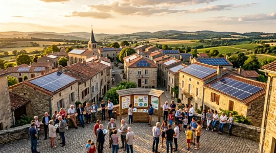 Vue aérienne d'une centrale solaire villageoise installée sur les toitures d'un village français avec des habitants réunis autour du projet