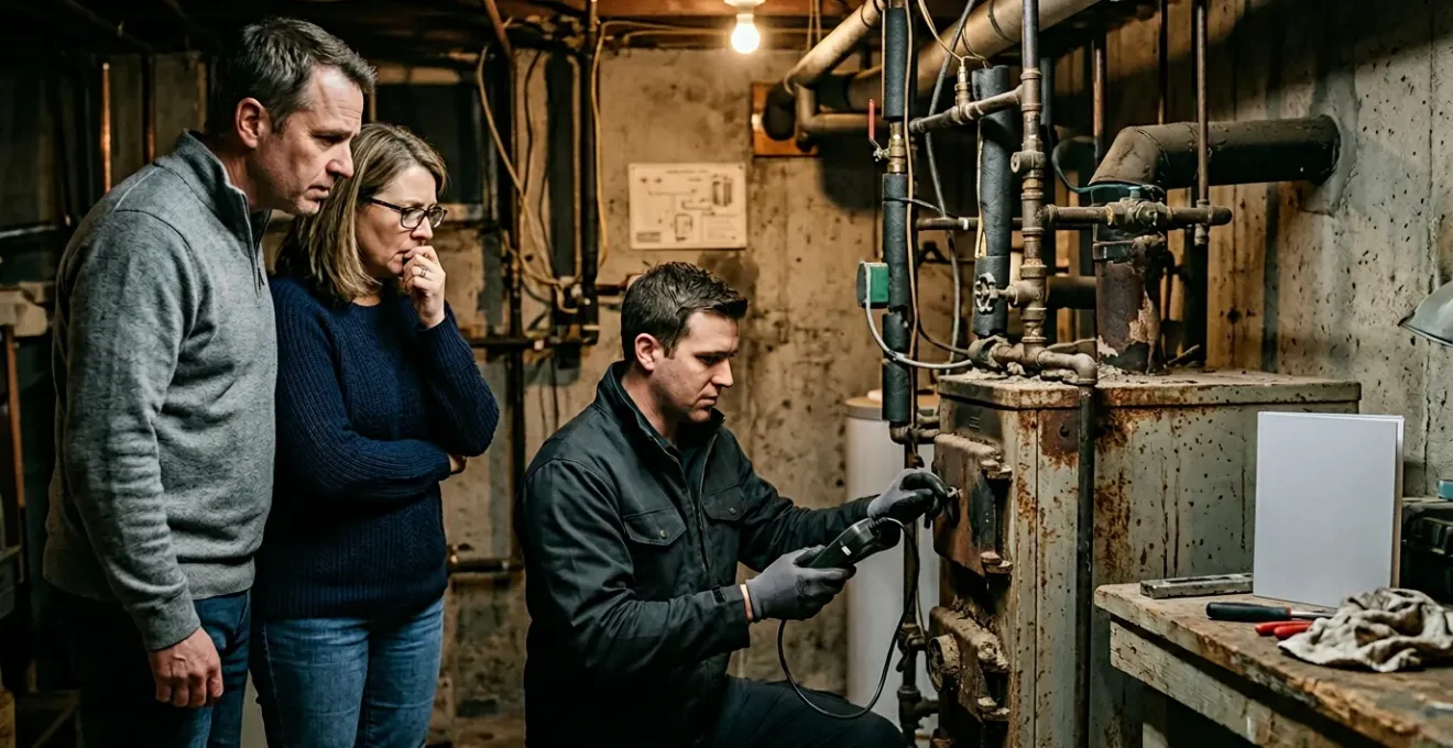 Couple examinant une vieille chaudière avec un technicien dans une cave