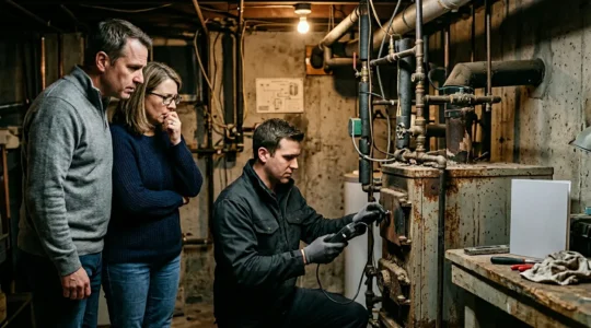 Couple examinant une vieille chaudière avec un technicien dans une cave