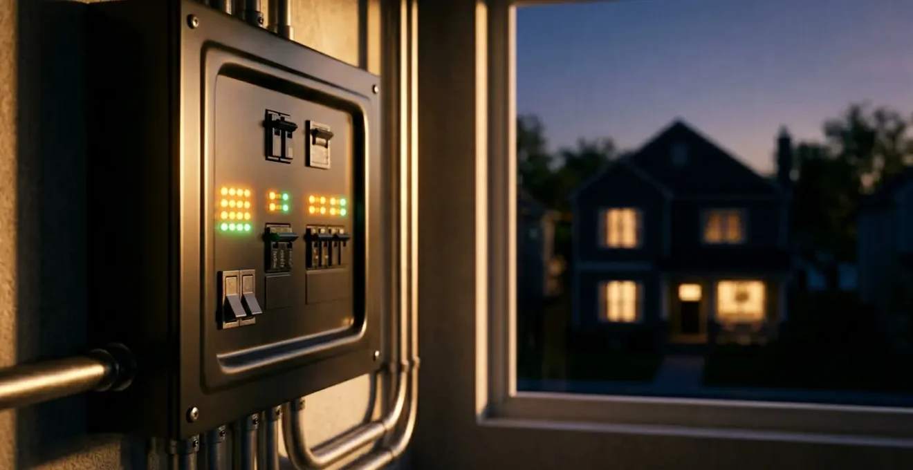 Tableau de bord électrique moderne avec indicateurs de puissance et maison en arrière-plan