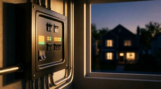 Tableau de bord électrique moderne avec indicateurs de puissance et maison en arrière-plan