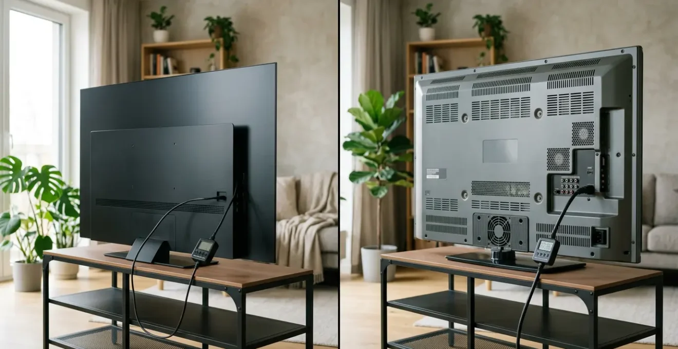 Comparaison entre un téléviseur OLED moderne et un ancien écran plasma dans un salon contemporain