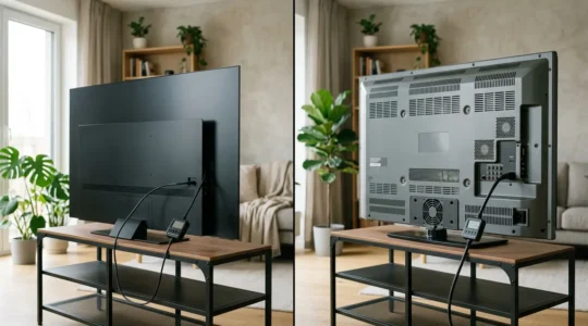 Comparaison entre un téléviseur OLED moderne et un ancien écran plasma dans un salon contemporain