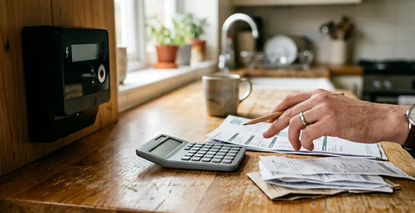 Gros plan sur un compteur électrique moderne avec une calculatrice et des factures d'énergie dans un intérieur domestique
