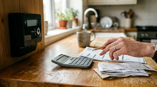 Gros plan sur un compteur électrique moderne avec une calculatrice et des factures d'énergie dans un intérieur domestique
