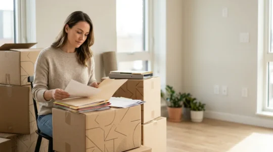 Personne préparant son emménagement avec des cartons et documents administratifs dans un nouvel appartement lumineux