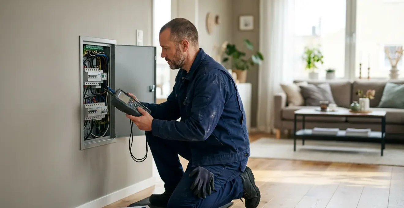 Diagnostiqueur immobilier effectuant une mesure avec son équipement professionnel dans un salon lumineux