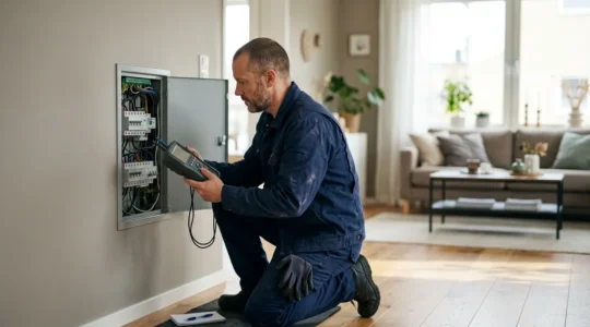 Diagnostiqueur immobilier effectuant une mesure avec son équipement professionnel dans un salon lumineux