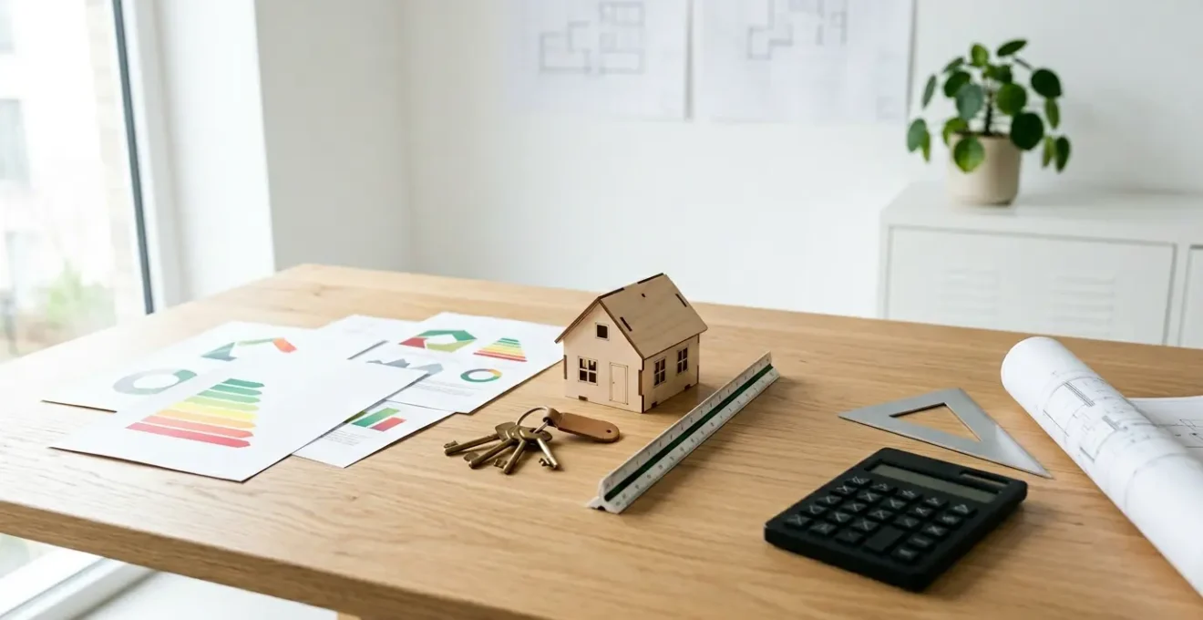 Documents de diagnostic énergétique avec calculatrice et maison miniature sur bureau d'expert