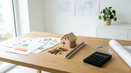 Documents de diagnostic énergétique avec calculatrice et maison miniature sur bureau d'expert