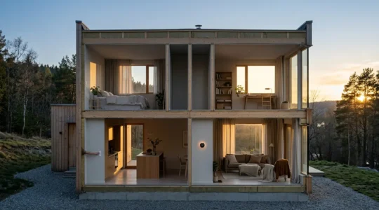 Maison moderne avec des gestes d'économie d'énergie visibles dans différentes pièces