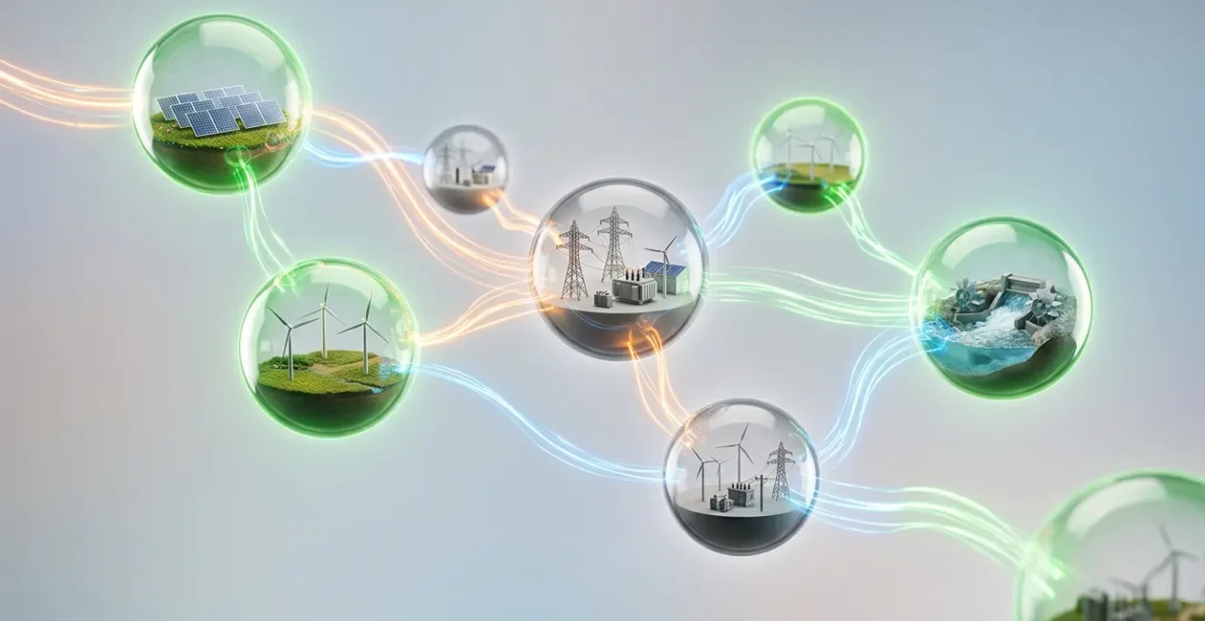 Vue symbolique du système électrique avec énergies renouvelables et réseau interconnecté