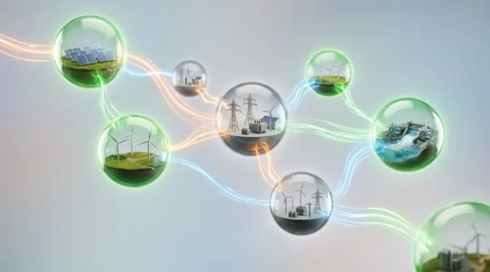 Vue symbolique du système électrique avec énergies renouvelables et réseau interconnecté
