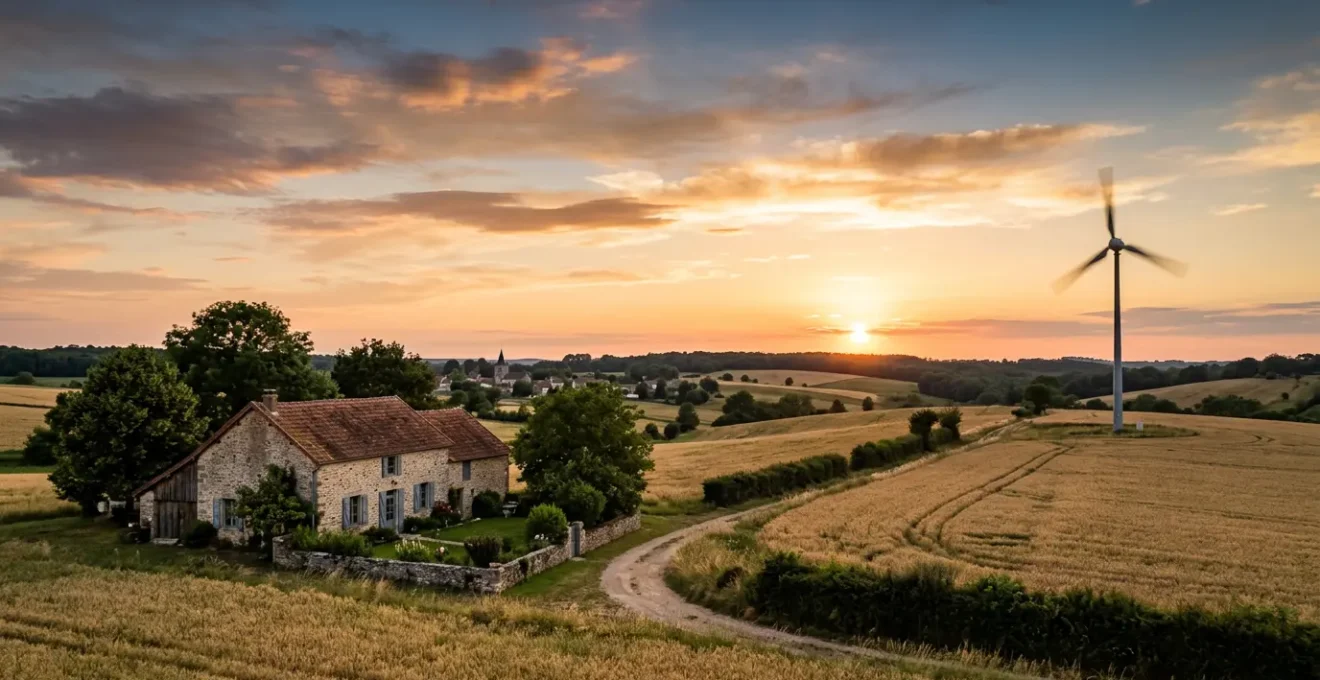 Vue d'une éolienne domestique dans un paysage rural français avec une maison isolée