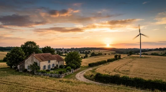 Vue d'une éolienne domestique dans un paysage rural français avec une maison isolée