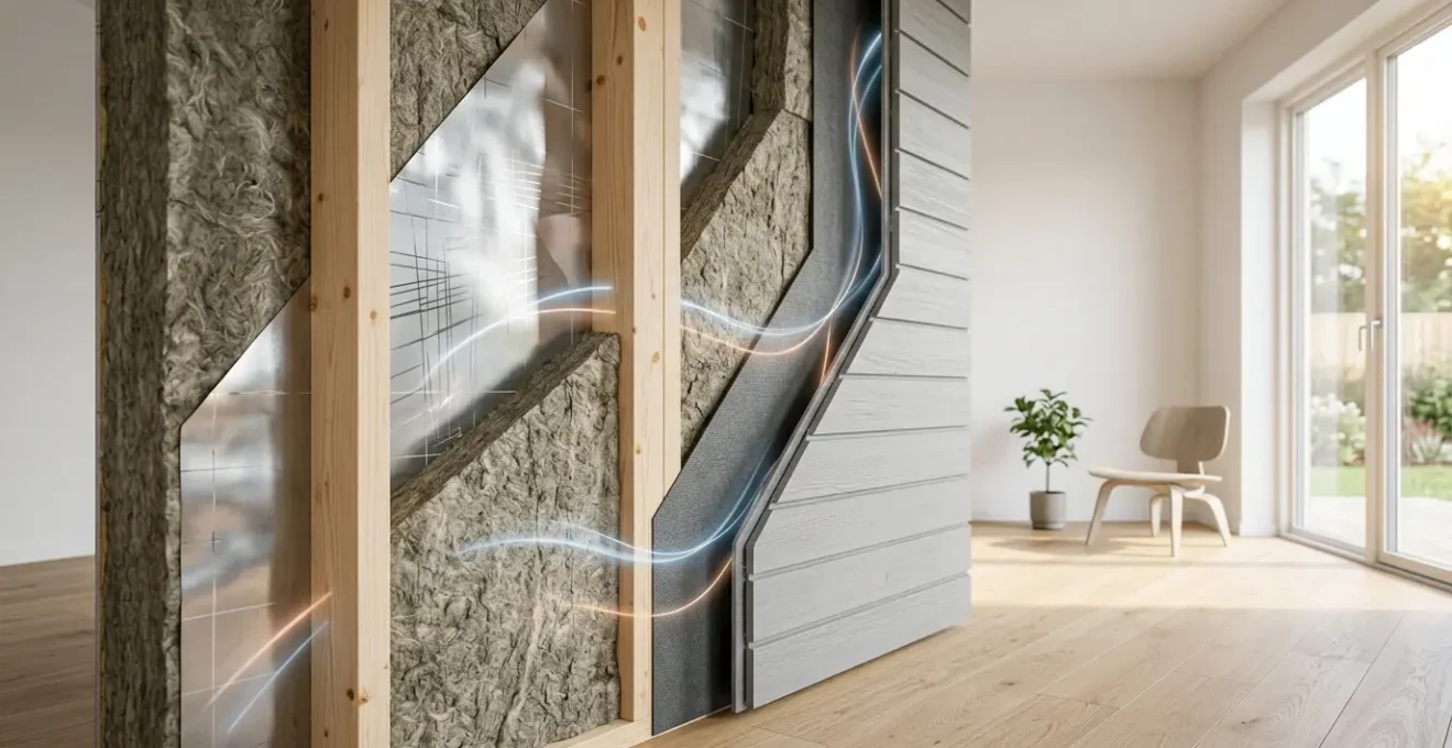 Vue comparative d'un mur isolé montrant l'étanchéité à l'air et les flux thermiques invisibles