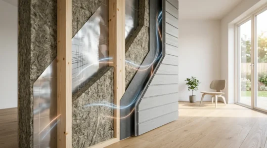 Vue comparative d'un mur isolé montrant l'étanchéité à l'air et les flux thermiques invisibles