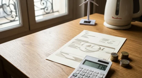 Vue détaillée d'une facture d'électricité française avec mise en évidence des différentes lignes de taxes et contributions