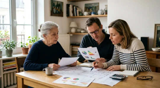 Famille analysant des documents de rénovation énergétique avec calculatrice et plans de maison sur table