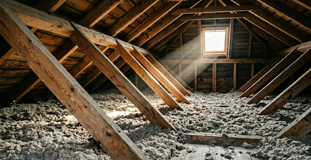 Grenier aménageable d'une maison avec isolation visible en ouate de cellulose entre les chevrons de charpente