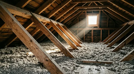 Grenier aménageable d'une maison avec isolation visible en ouate de cellulose entre les chevrons de charpente