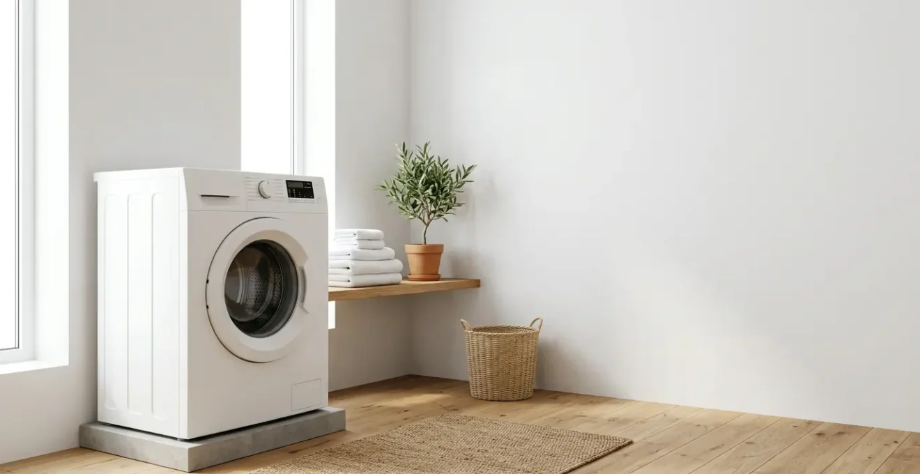 Vue d'ensemble d'un lave-linge moderne avec programme éco visible, dans un intérieur épuré et lumineux