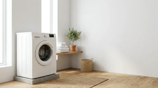 Vue d'ensemble d'un lave-linge moderne avec programme éco visible, dans un intérieur épuré et lumineux