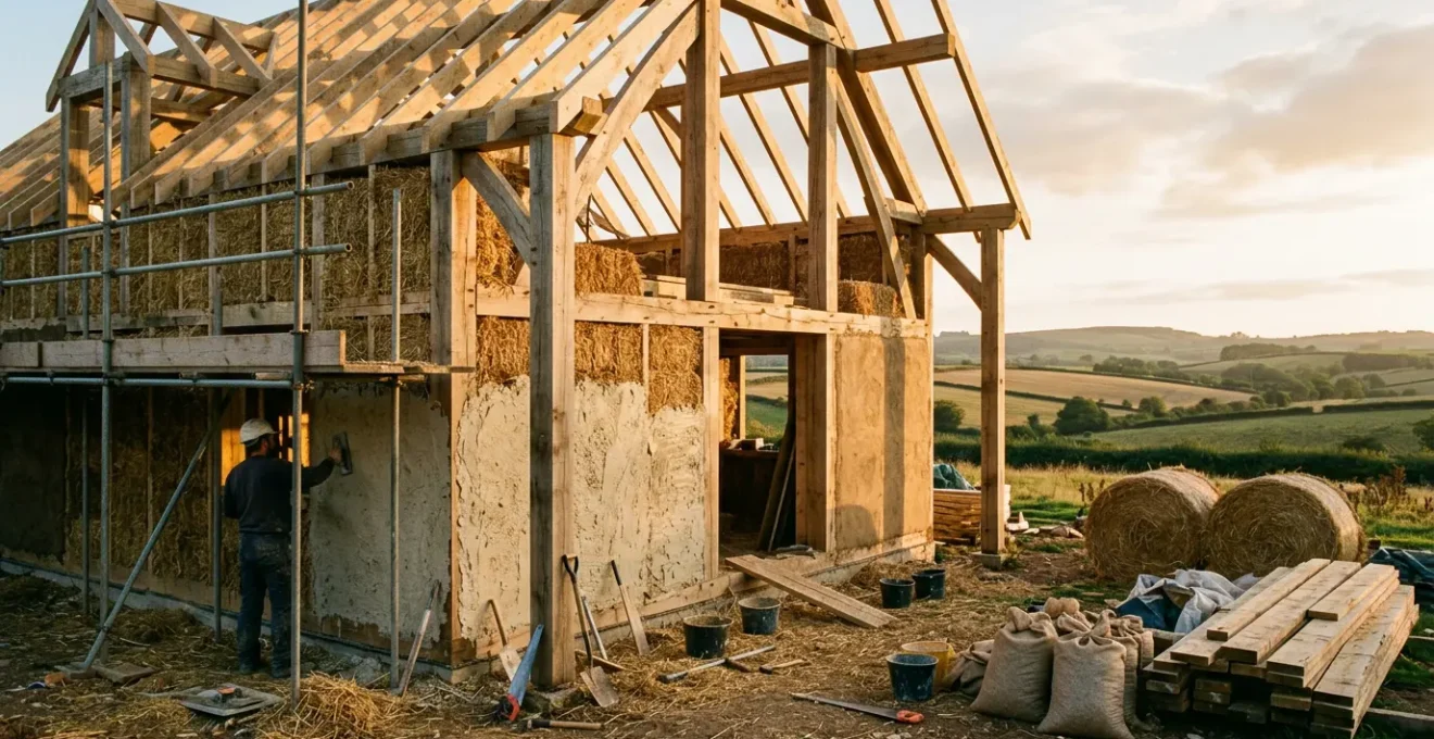 Vue panoramique d'une maison écologique intégrant des matériaux biosourcés avec ossature bois visible et murs en paille enduits