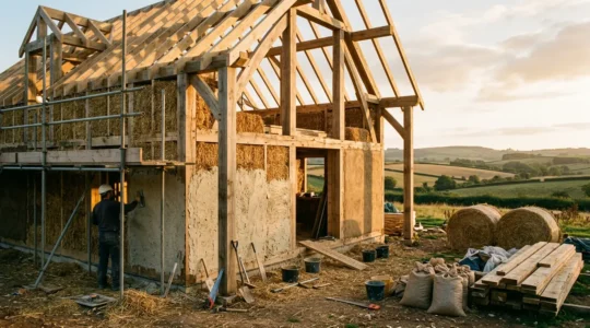Vue panoramique d'une maison écologique intégrant des matériaux biosourcés avec ossature bois visible et murs en paille enduits