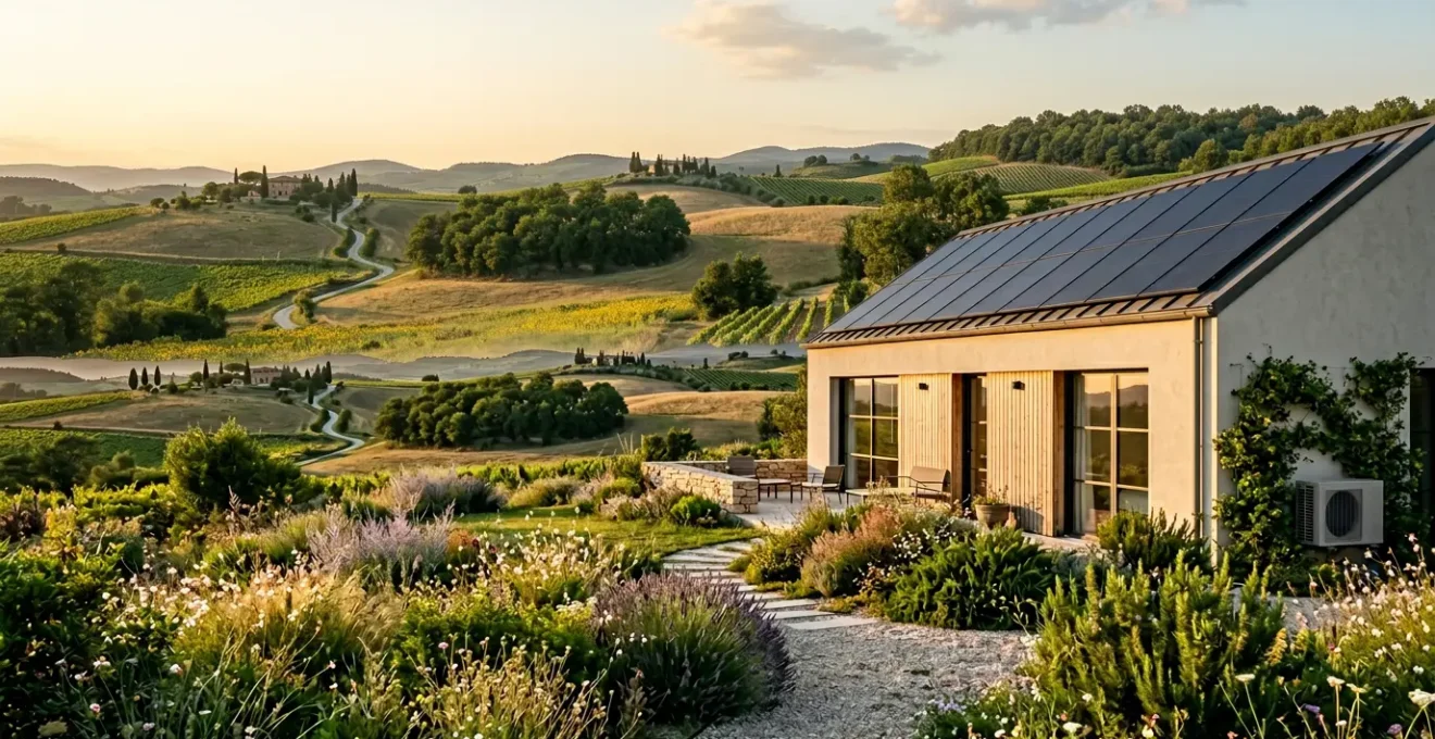 Maison moderne équipée de panneaux solaires sur le toit et pompe à chaleur avec environnement verdoyant et ciel bleu