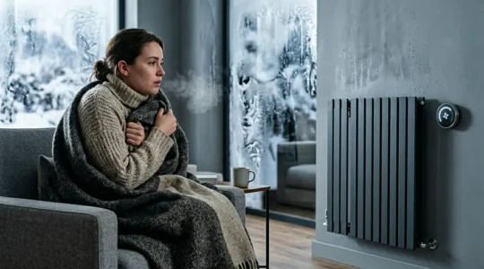 Intérieur d'une maison avec personne emmitouflée près d'un radiateur malgré une température ambiante de 21°C