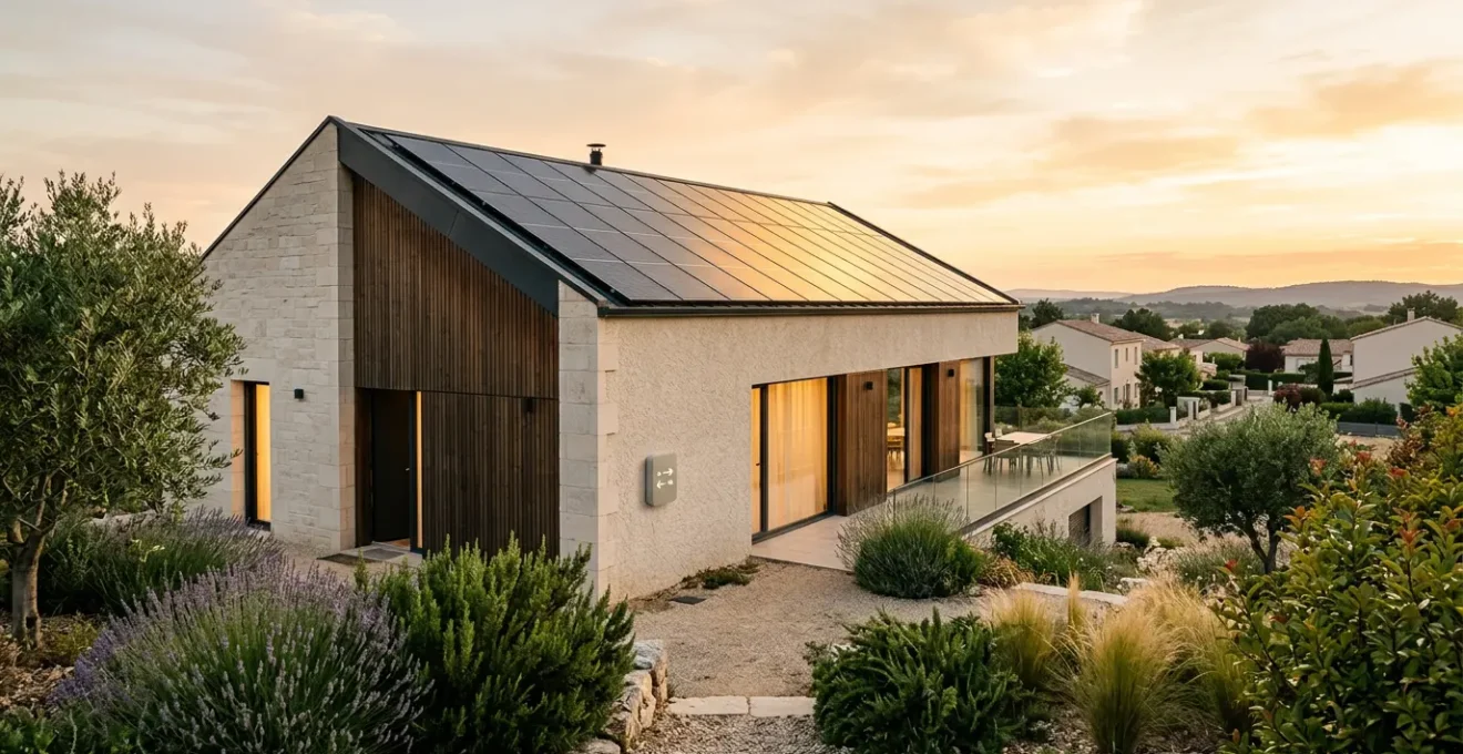 Maison moderne avec panneaux solaires montrant la balance entre autoconsommation et injection réseau