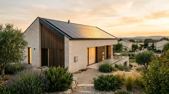 Maison moderne avec panneaux solaires montrant la balance entre autoconsommation et injection réseau