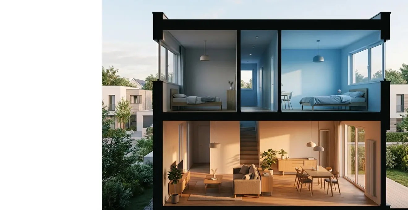 Maison moderne équipée de thermostats intelligents avec vue en coupe montrant la régulation par pièce