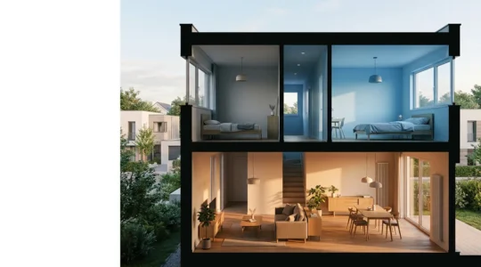 Maison moderne équipée de thermostats intelligents avec vue en coupe montrant la régulation par pièce