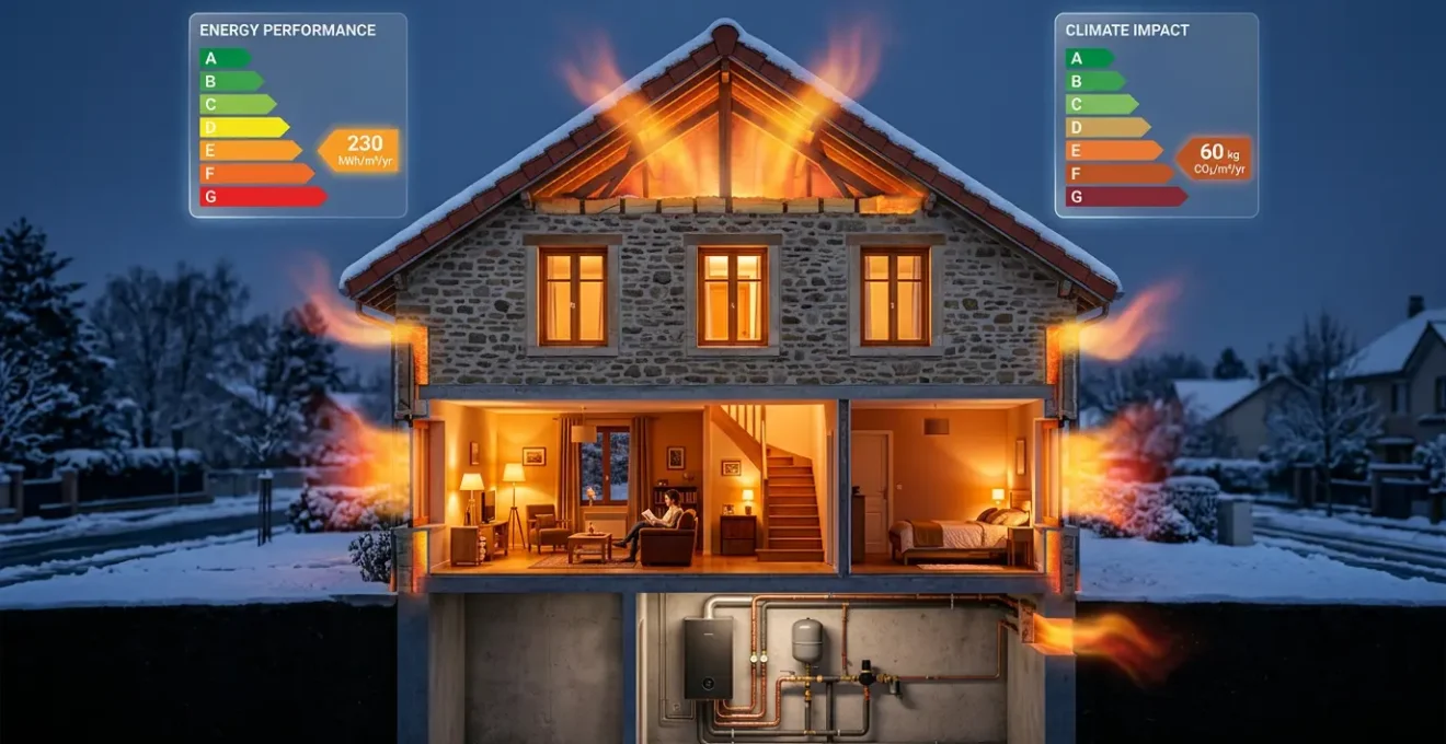 Vue en coupe d'une maison montrant les déperditions thermiques et le système de chauffage au gaz avec des flux de chaleur s'échappant