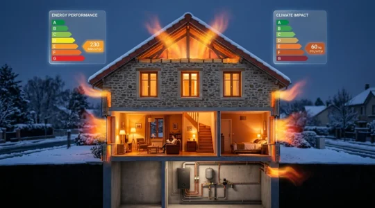 Vue en coupe d'une maison montrant les déperditions thermiques et le système de chauffage au gaz avec des flux de chaleur s'échappant